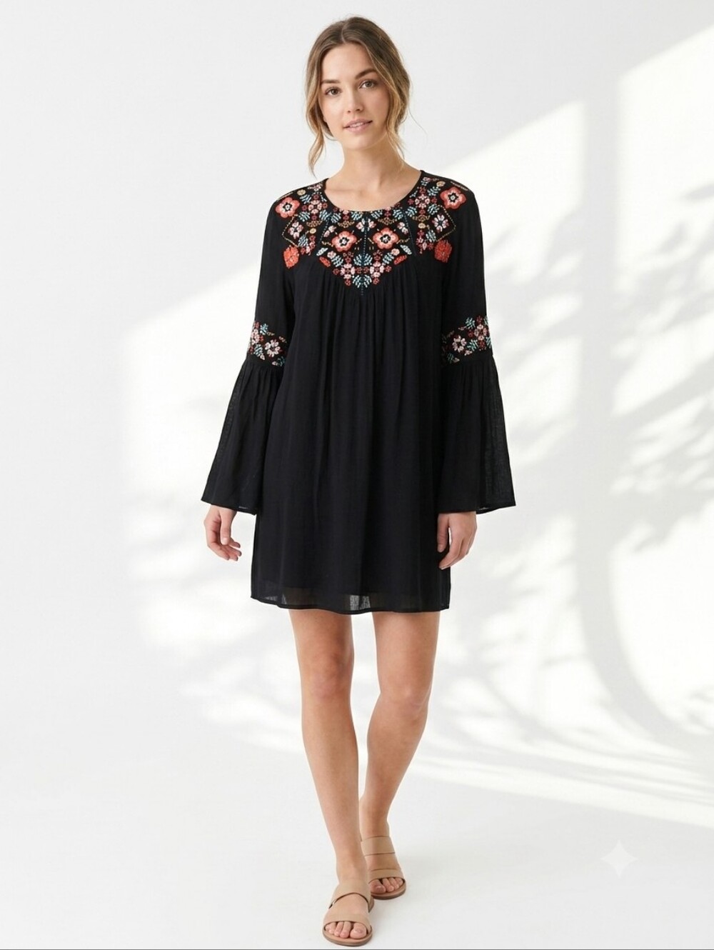 Blue Rain Romantic Lined Boho Embroidered Bell Sleeve Mini Dress L